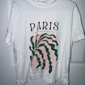 H&M White T-Shirt with Green and Pink Design